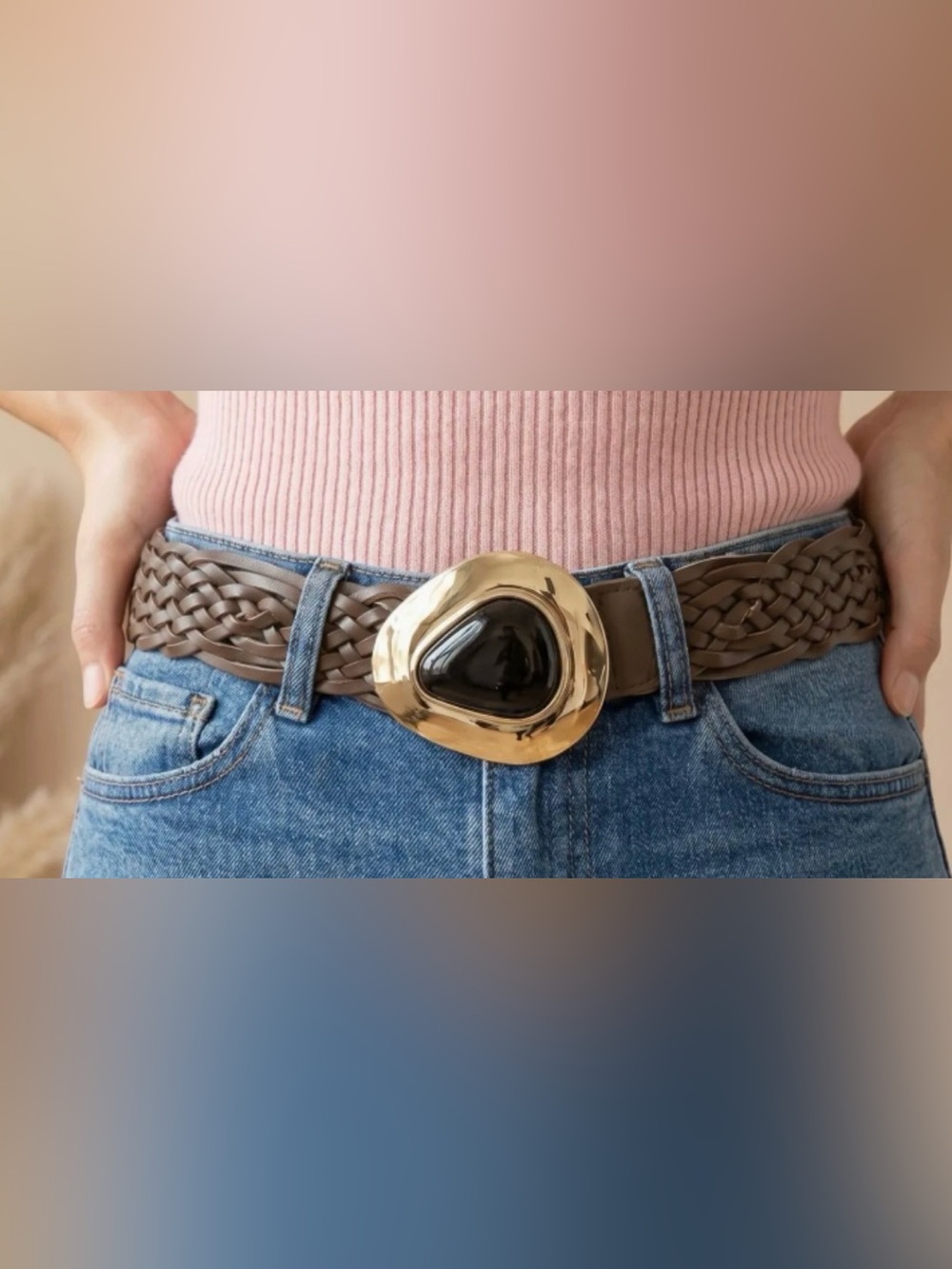 BEAUTIFUL WESTERN WOVEN LEATHER BELT IN BROWN WITH AMBER AND GOLD BUCKLE